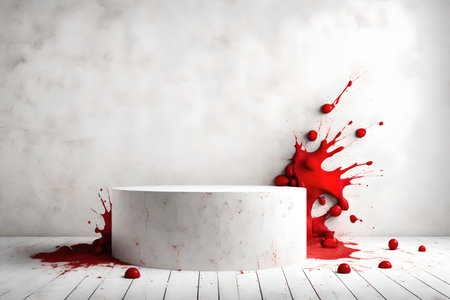 round wood rock podium background white wall with white and red paint splashの素材