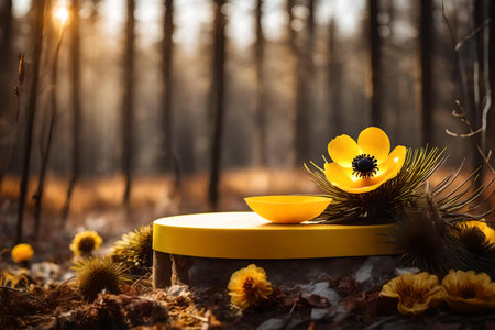 round yellow plastic podium background with dried anemone flower in the forestの素材
