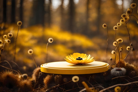 round yellow plastic podium background with dried anemone flower in the forestの素材