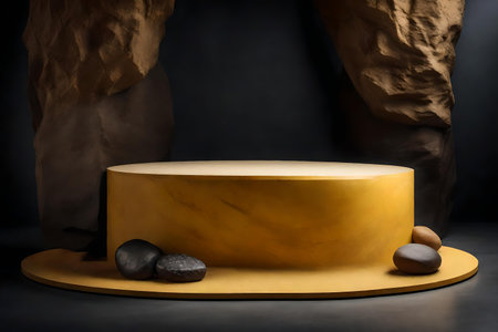 round yellow stone podium background with black desert in the photo studioの素材