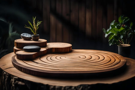 round wood wooden cosmetic podium composition with rock in the photo studioの素材