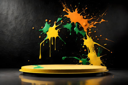 round yellow concrete podium background black wall with orange and green paint splashの素材