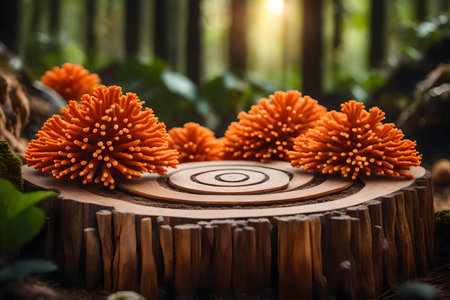round wood rock cosmetic podium composition with orange corals in the forestの素材