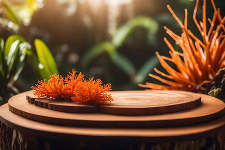 round wood wooden cosmetic podium scenery with orange corals in the tropical forestの素材
