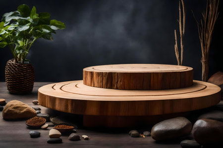 round wood wooden cosmetic podium composition with rock in the photo studioの素材