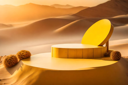 round yellow wooden cosmetic podium scenery with desert in the photo studioの素材