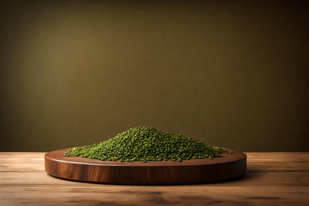 round wood podium close shot brown background studio with lentil greenの素材