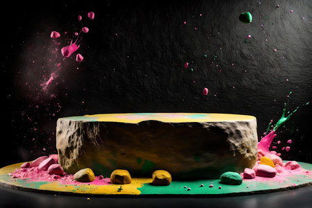 round yellow rock podium background black wall with green and pink paint splashの素材