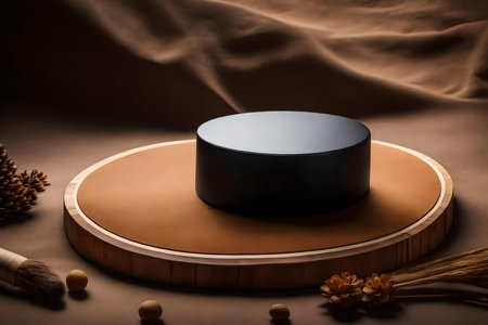 round wood wooden cosmetic podium background with black desert in the photo studioの素材
