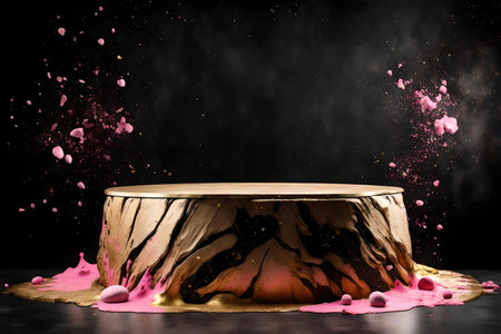 round wood rock podium background black wall with golden and pink paint splashの素材