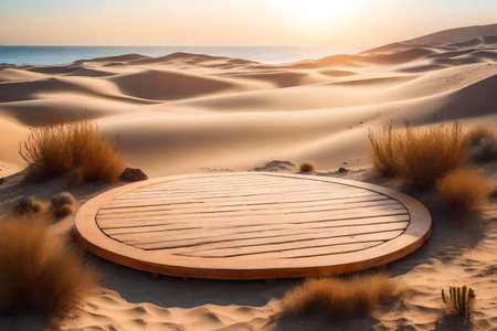 round wood wooden podium scenery with desert by the seaの素材