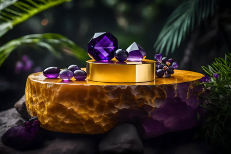round yellow stone cosmetic podium background with amethyst in the tropical forestの素材