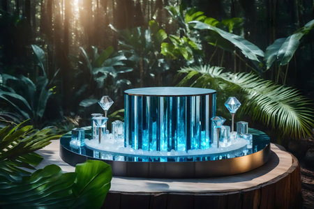 round titanium wooden podium composition with crystal ice in the tropical forestの素材