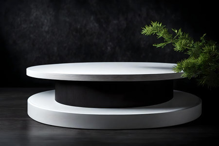 round white podium close shot black wood background studio with lucerneの素材