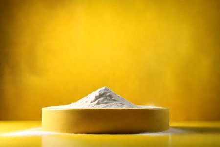 round yellow podium close shot iridescent background studio with flourの素材