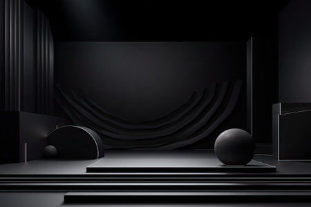 A backdrop with a deep black hue showcasing three-dimensional shapes, along with a podium resting onの素材