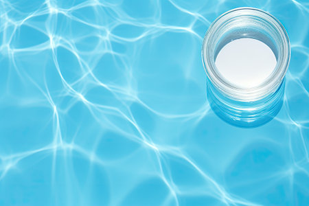 A blank label is featured on top of a white cosmetic jar placed on a vibrant blue water surface, illの素材