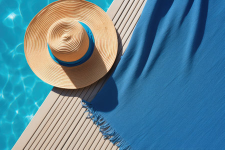A blue wooden surface by the swimming pool is adorned with a flat lay arrangement of a beach towelの素材