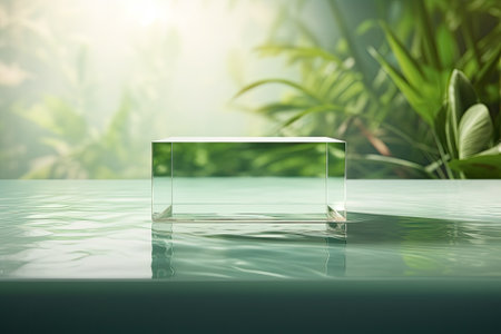 A flat, empty podium in a square shape can be seen on a transparent, clear green surface of calm watの素材