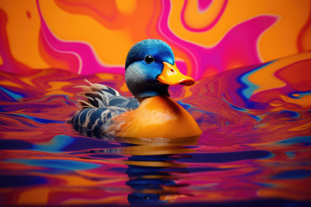 A flat arrangement of a bath duck placed on a vibrant and dynamic background.の素材