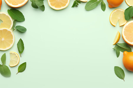 A minimal design featuring citrus slices and mint herbs arranged on a mint pastel background, viewedの素材