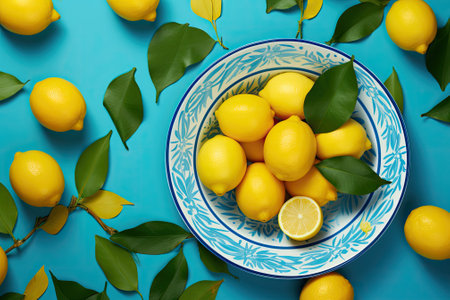 A flat lay featuring a vibrant blue background with a striking design of fresh lemon patterns.の素材