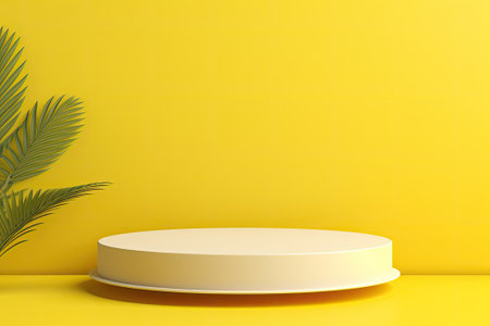 A bright yellow summer background highlights a white podium shelf or vacant pedestal display with aの素材