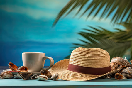 A high-quality photo showcases a travel and vacation theme, featuring a hat adorned with seashells,の素材