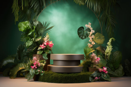 A podium made of natural stone and concrete is situated in a lush tropical forest adorned with colorの素材