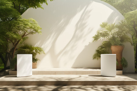 A simplistic outdoor setting is depicted, featuring a vacant stage adorned with three white rectanguの素材