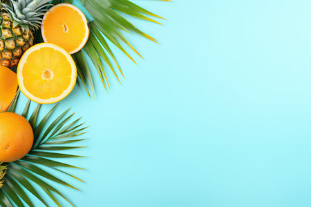 A summer-themed composition featuring vibrant tropical palm leaves, fruits, and a blank yellow paperの素材