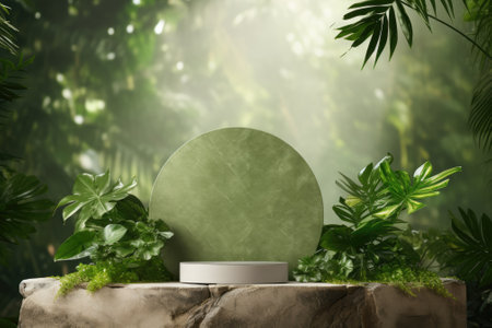 A podium made of natural stone and concrete, set against a natural green backdrop, is provided for sの素材