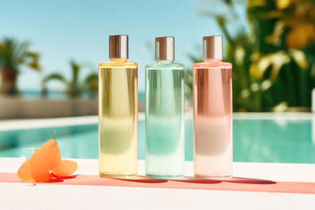 Cosmetic bottles arranged on a surface beside a swimming pool. Perfect for the summer vacation. Theの素材