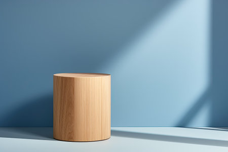 A wooden podium in the shape of a cylinder with a stand and a distinct shadow on a blue wall servesの素材