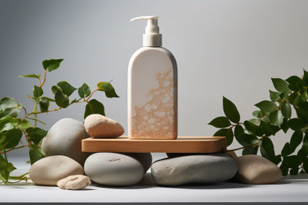 A wooden platform serves as the backdrop for a lotion or shampoo bottle, showcasing a brand mockup sの素材