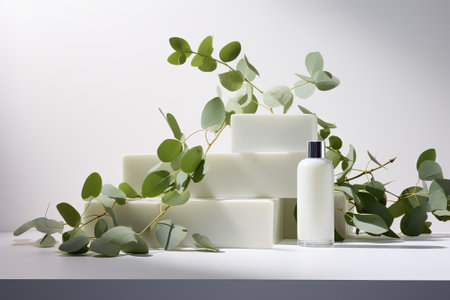 Cosmetic products showcased on a white backdrop. Rectangular platforms featuring eucalyptus branchesの素材