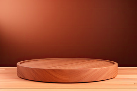 Bright brown background with a round wooden podium used for displaying food, products, or cosmetics.の素材