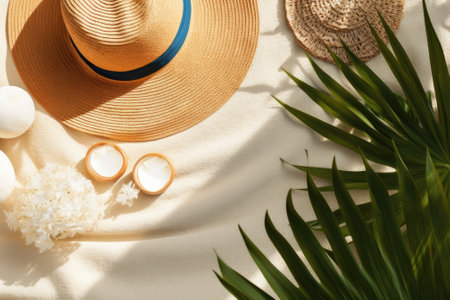 Description of a summer vacation scene. Overhead perspective of items such as a wide-brimmed straw hの素材