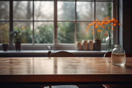 Blurred kitchen window interior sets the backdrop for a spacious table top with no objects occupyingの素材