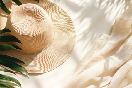 In the summertime, there is a simple and neutral-toned sun hat placed on a beach towelの素材