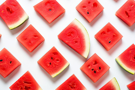 Fresh watermelon slices arranged in a creative Scandinavian style are captured from a top view in aの素材