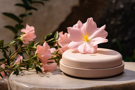 Description of natural pink cosmetic products against a stone podium, adorned with white flowers, asの素材