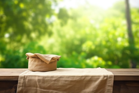 The background is a natural setting with a wooden table to be used as a display for products. The taの素材