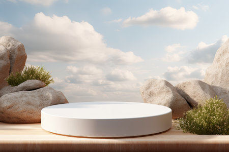 Natural background on a podium to showcase products, featuring a sky backdrop. A blank display platfの素材
