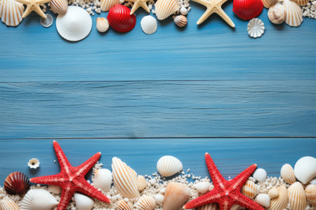 The summer beach sea concept is depicted through a backdrop of a blue wooden surface adorned with vaの素材