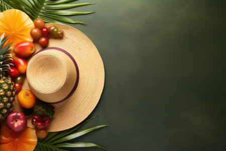 The idea of summer holidays captured in a photo from above. It showcases a fashionable hat surroundeの素材