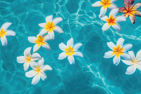 Top-down view of bright frangipani flowers contrasting against a serene blue water backdrop. The floの素材