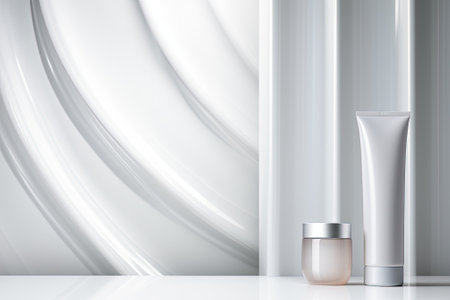The abstract white studio background is designed for presenting cosmetic products. It features an emの素材