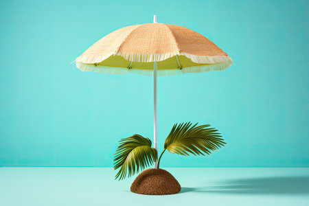 Minimalistic summer idea featuring a tropical beach concept crafted from coconuts and a sun umbrellaの素材