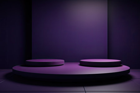 There is a dark background with two empty podiums in the foreground. The podiums are round in shapeの素材